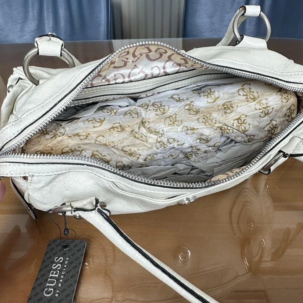 G By‎ Guess Cream Handbag Vintage Y2k Buckle Detail Studded Satchel Silver *New*